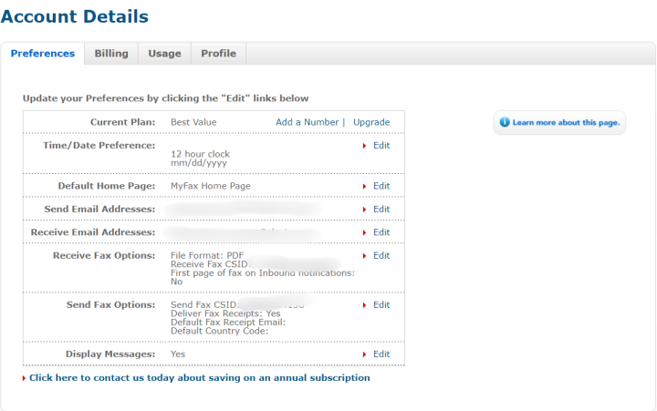 MyFax Account Preferences